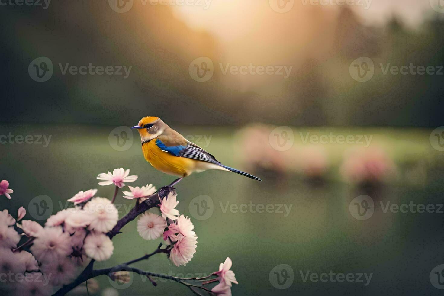 photo wallpaper the sky, bird, flowers, water, nature, spring, the sun, bird. AI-Generated