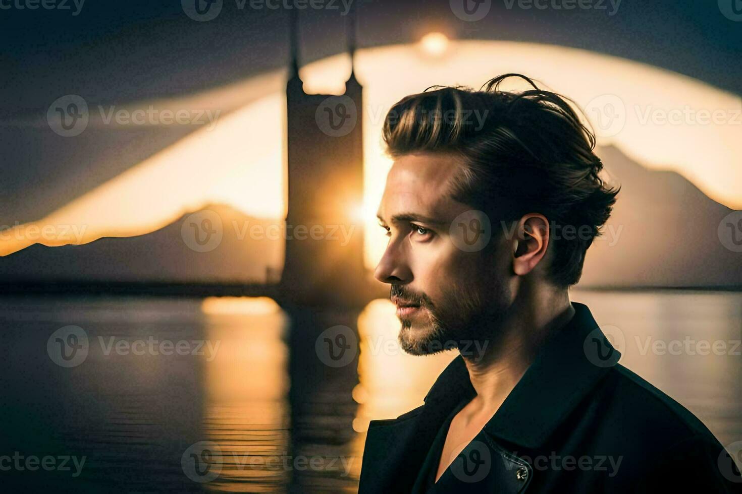 a man in a black jacket looking at the sunset. AI-Generated photo