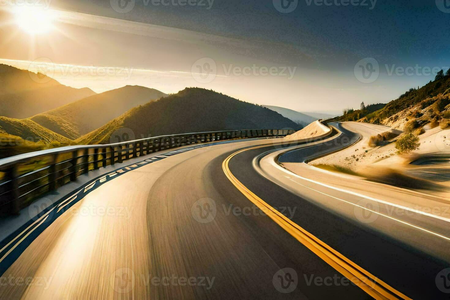 a car driving on a highway with the sun shining. AI-Generated photo