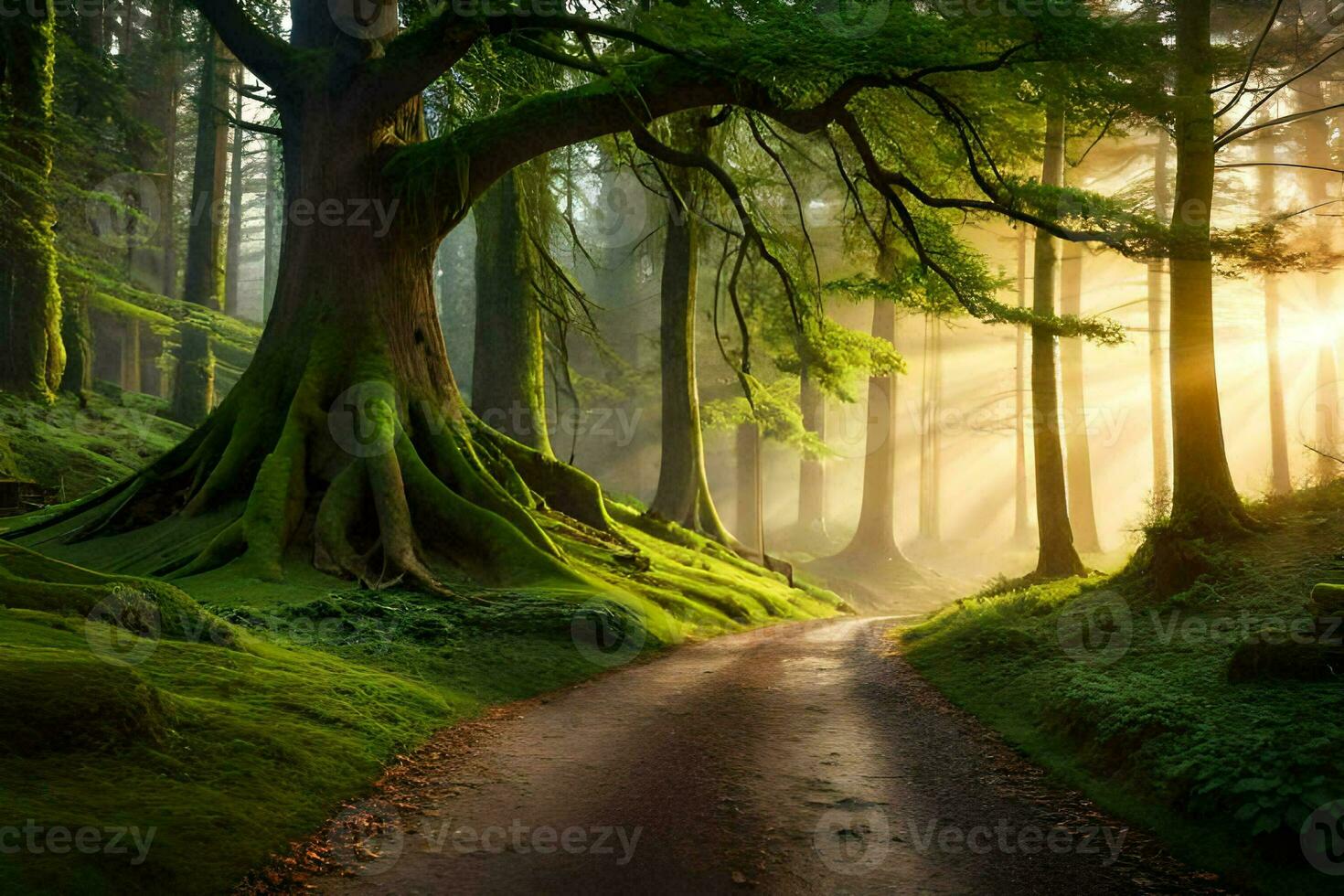 a path through a forest with trees and sun. AI-Generated photo