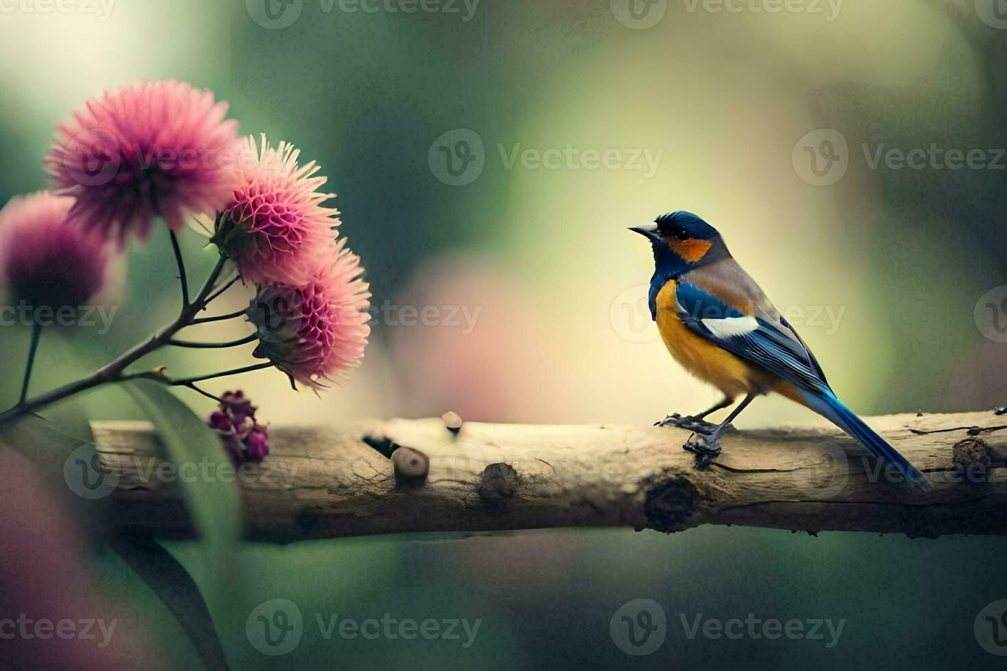 a bird is perched on a branch with pink flowers. AI-Generated photo
