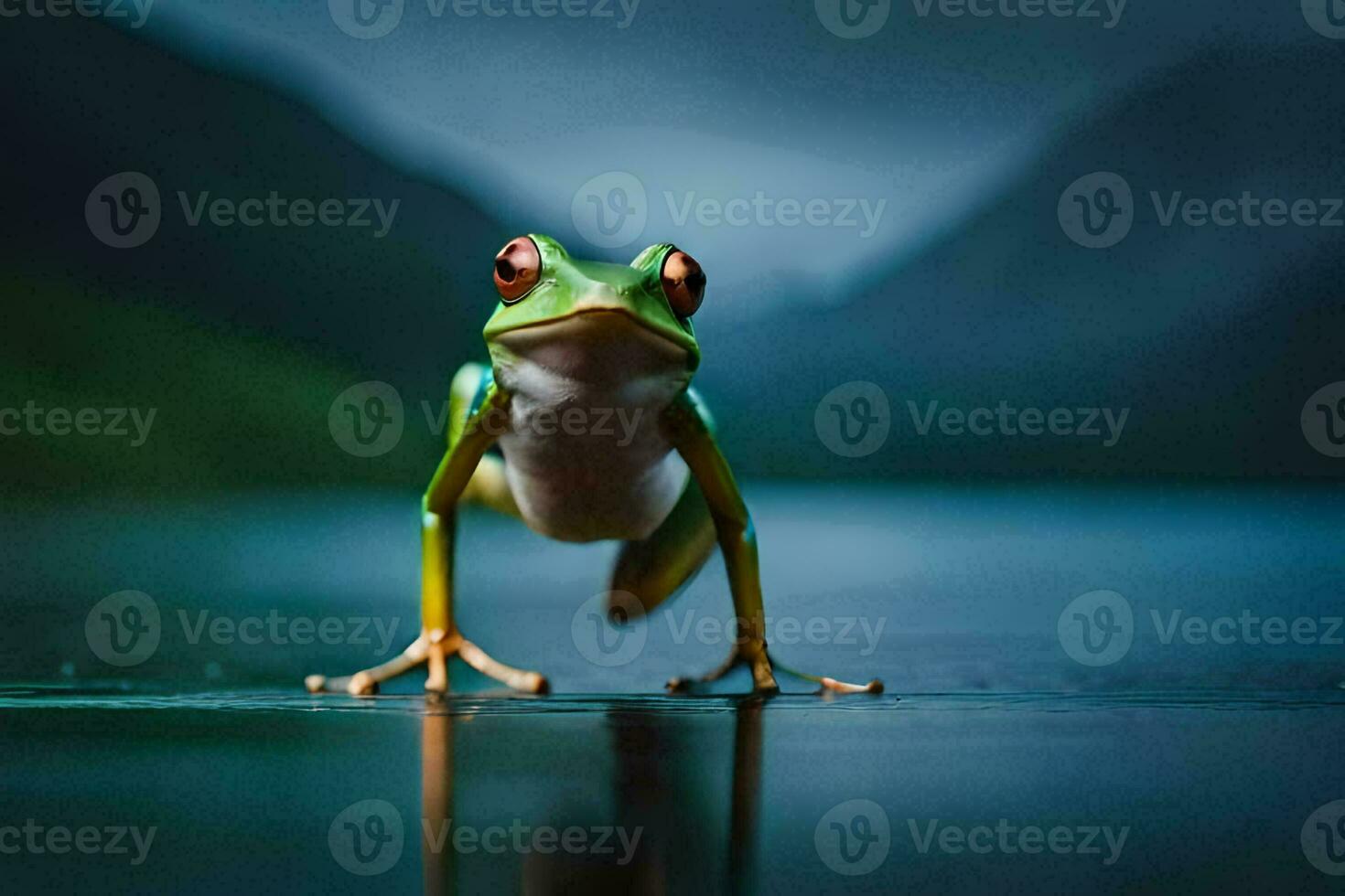 a frog standing on the edge of a lake. AI-Generated photo