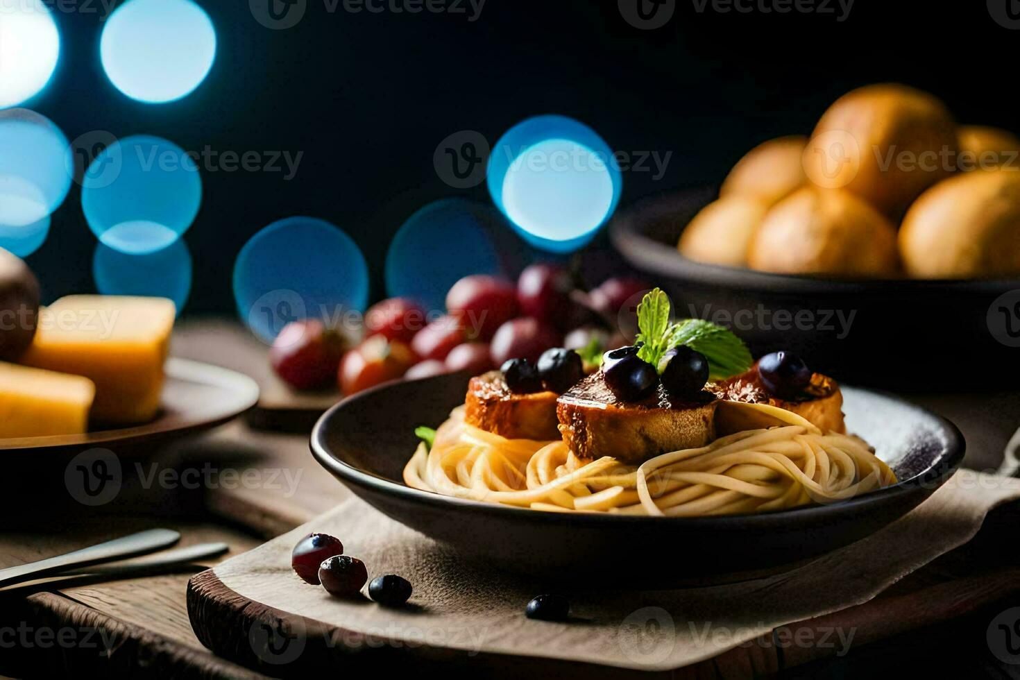 spaghetti with blueberries and cheese on a wooden table. AI-Generated photo