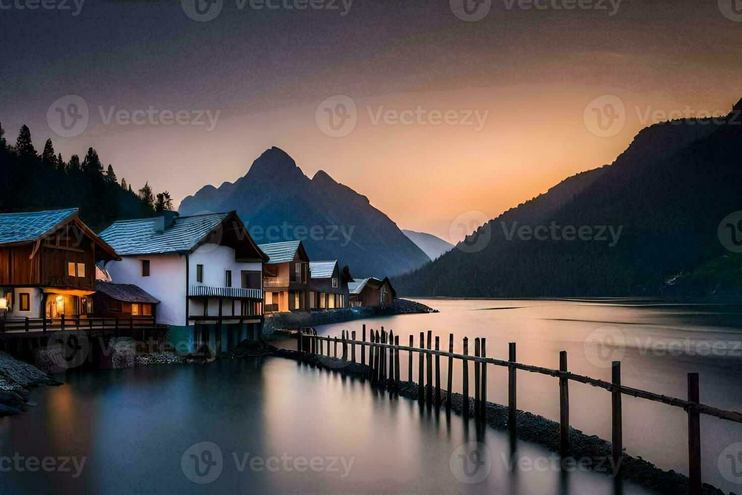 photo wallpaper the sky, mountains, lake, the house, the mountains, the house, the. AI-Generated