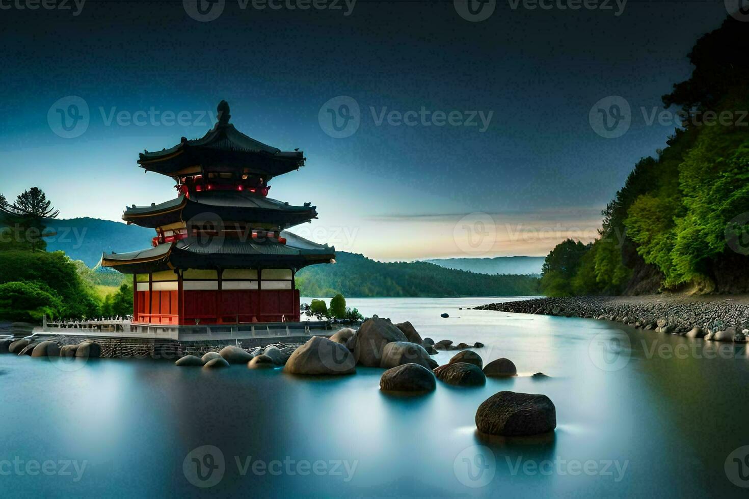 a pagoda sits on the shore of a lake at dusk. AI-Generated photo