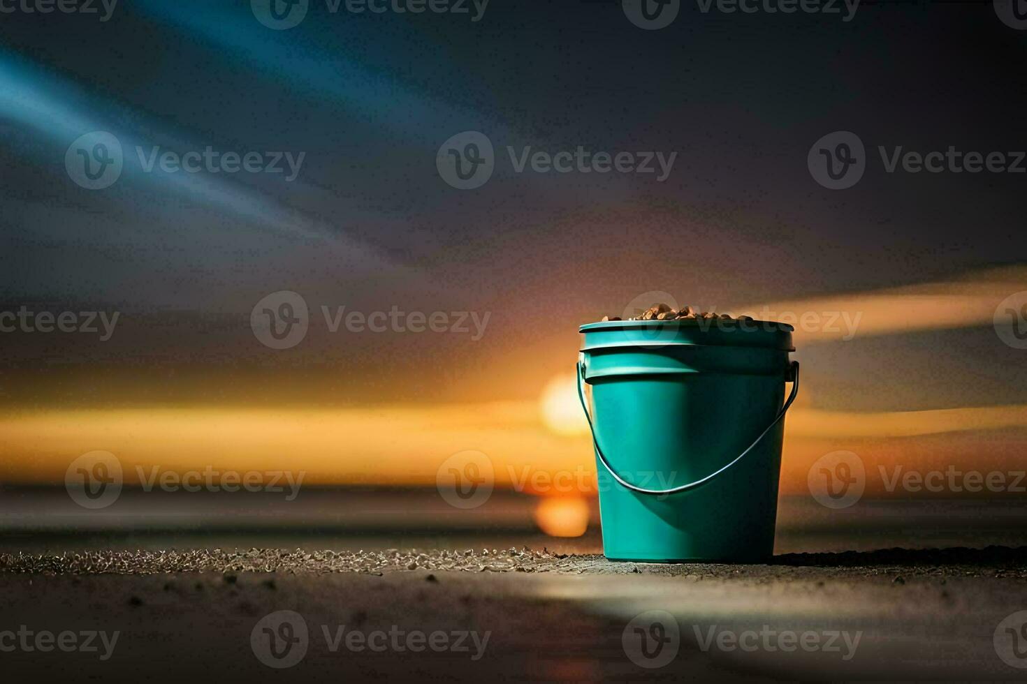 a bucket of sand sits on the beach at sunset. AI-Generated photo