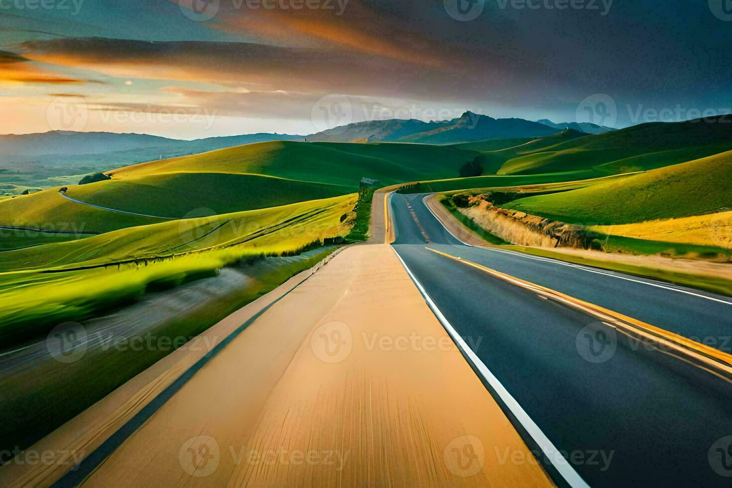 a road in the middle of a green field. AI-Generated photo
