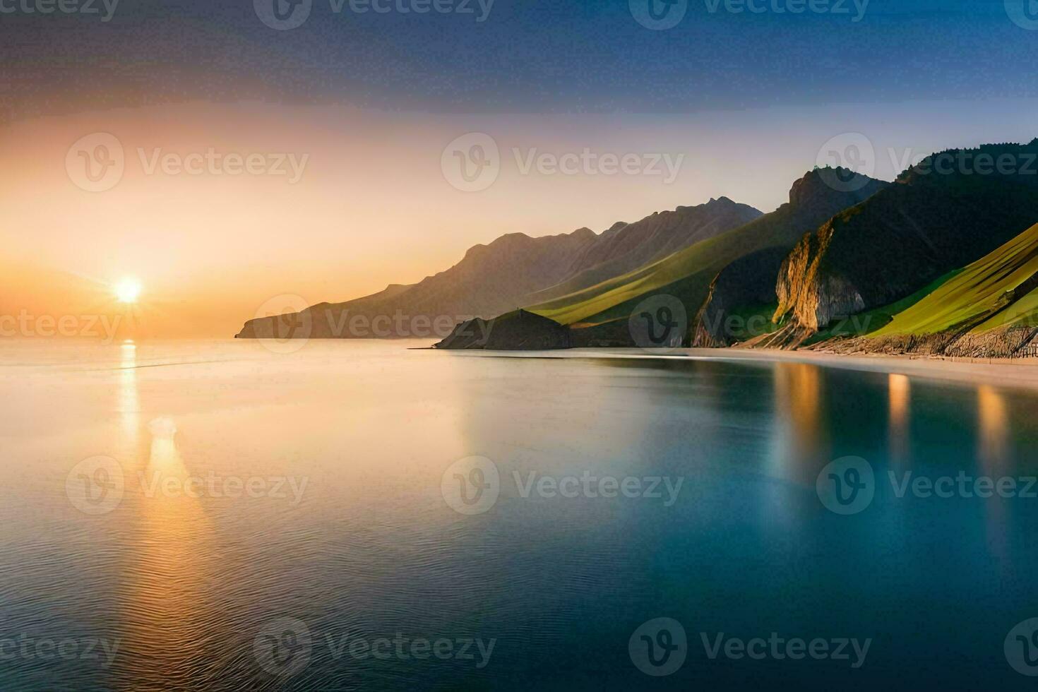 the sun rises over the ocean and mountains. AI-Generated photo