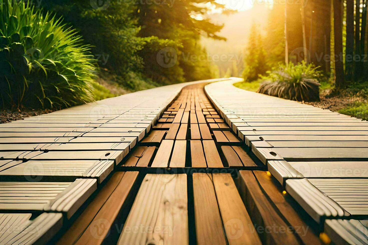a wooden walkway in the middle of a forest. AI-Generated photo