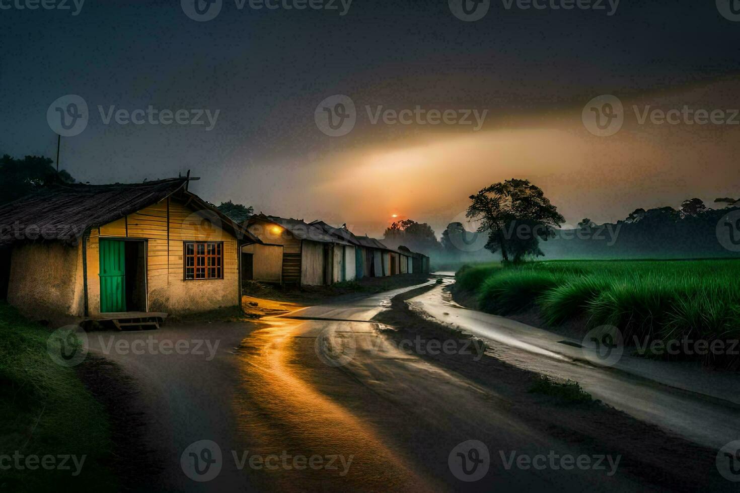 a road in the middle of a rice field at night. AI-Generated photo
