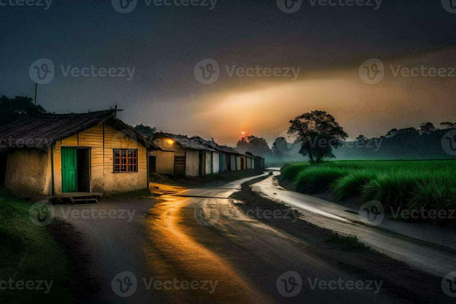 un la carretera en el medio de un arroz campo a noche. generado por ai foto