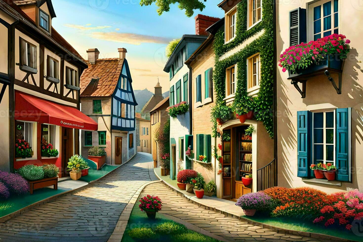 an illustration of a street in europe. AI-Generated photo