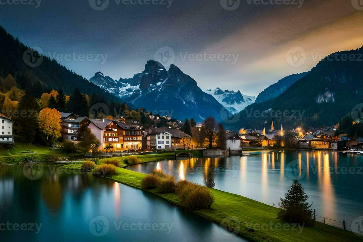a lake and mountains in the background. AI-Generated photo