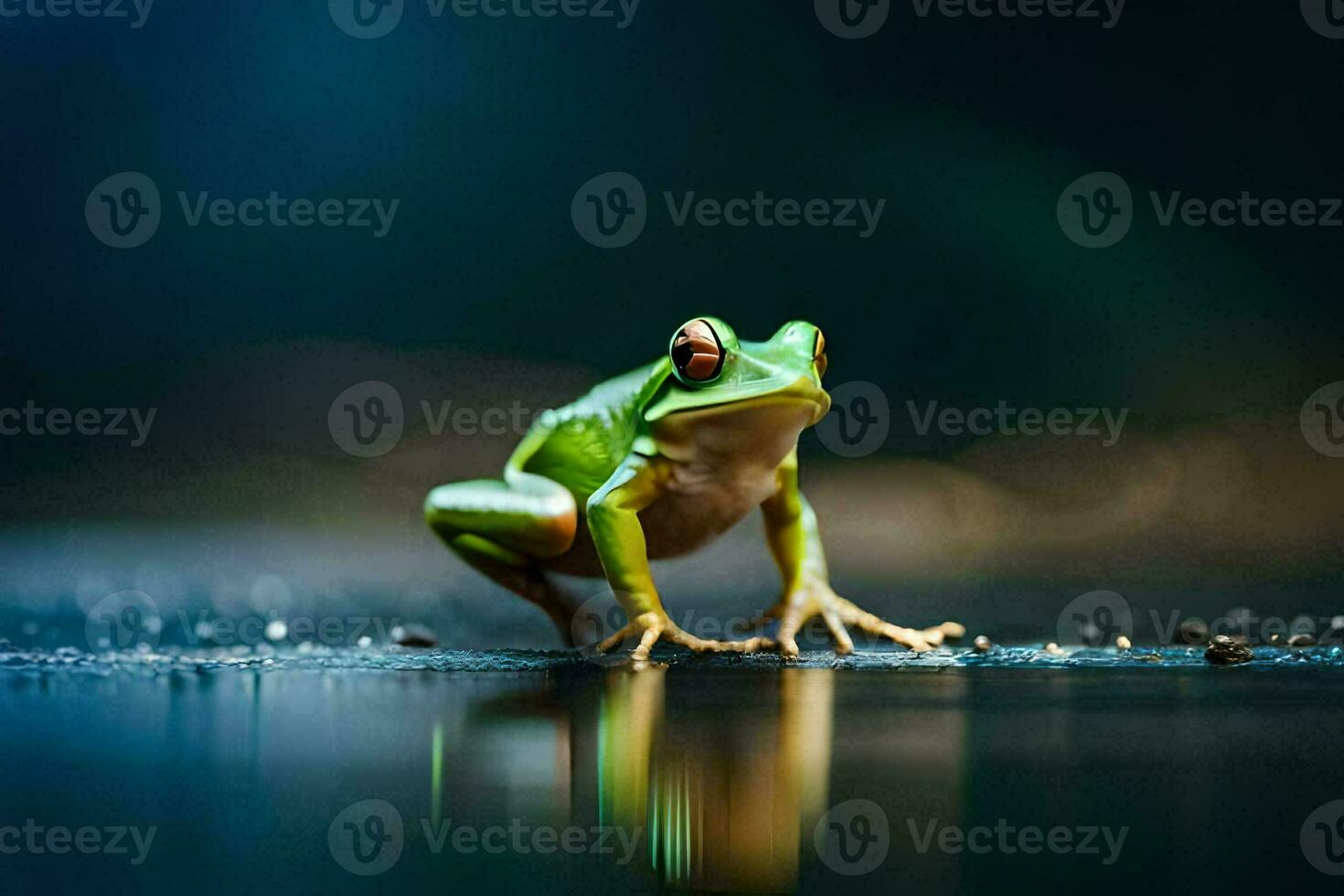 a frog sitting on the ground with its reflection. AI-Generated photo