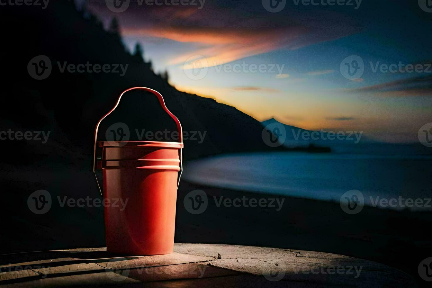 a red bucket sitting on a table near the ocean. AI-Generated photo