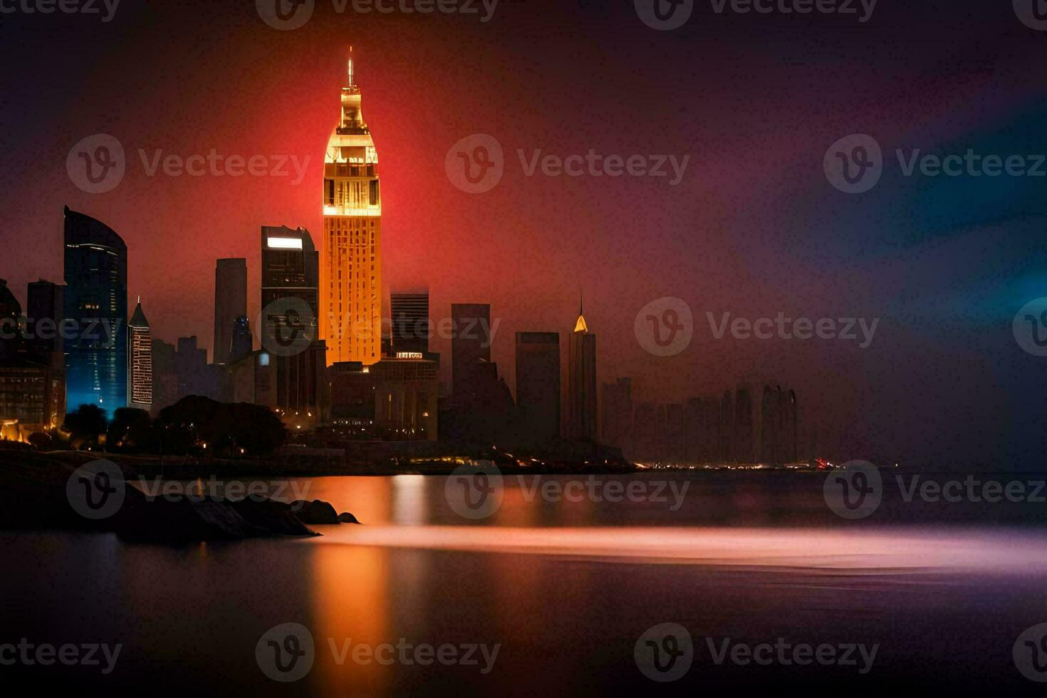 the city skyline is lit up at night. AI-Generated photo