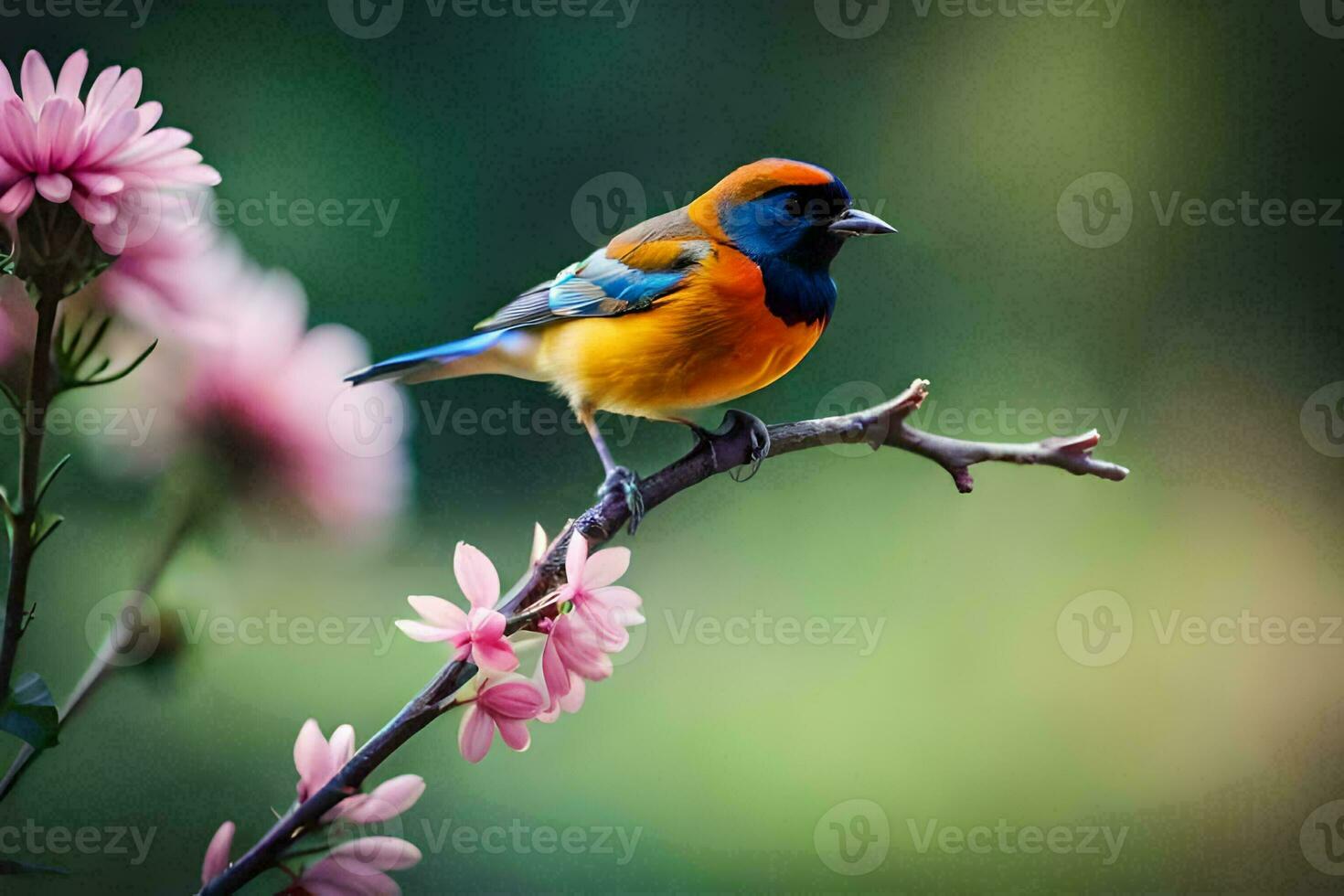 a colorful bird sits on a branch with pink flowers. AI-Generated photo