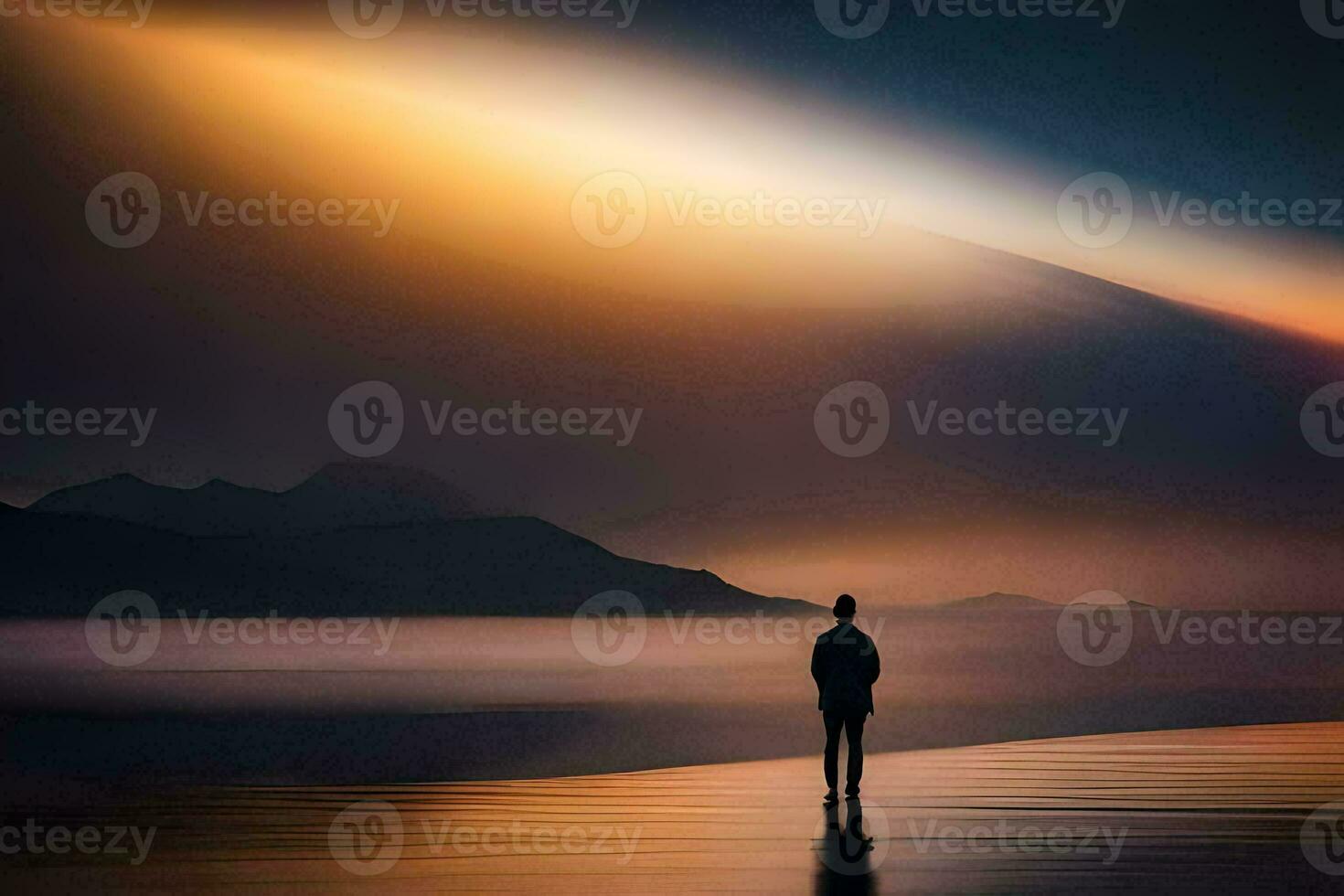 un hombre en pie en el playa a puesta de sol. generado por ai foto