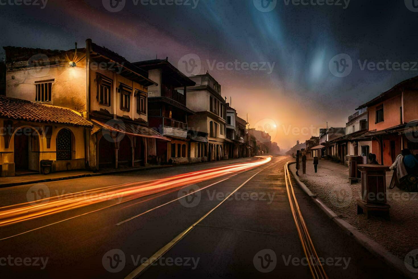 a long exposure photograph of a street in a town. AI-Generated photo
