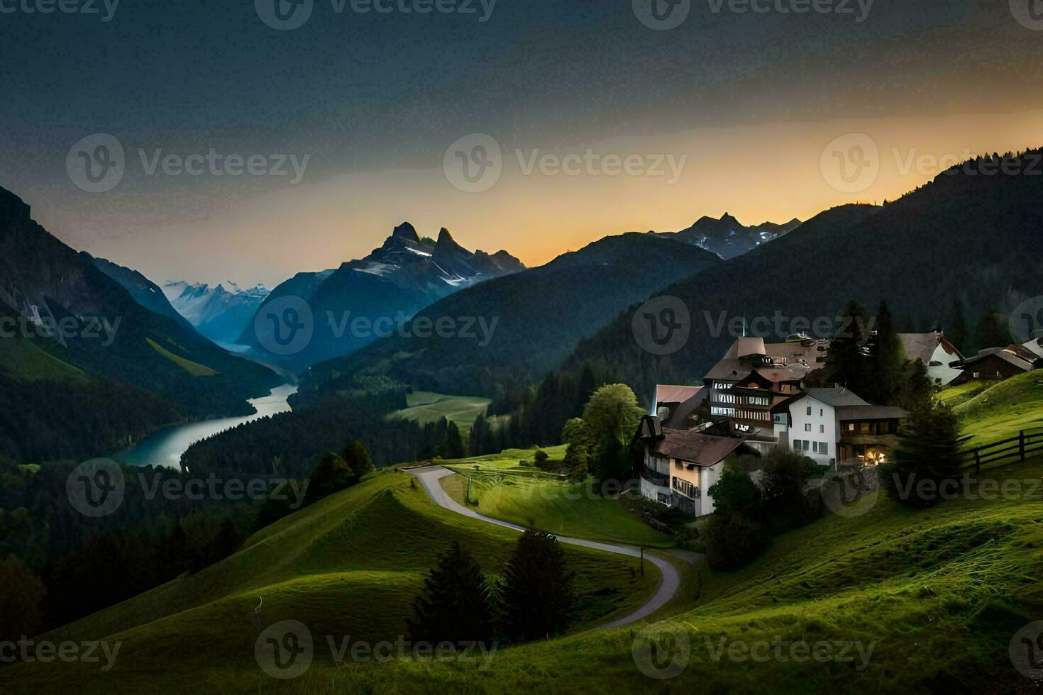 the sun sets over a mountain village in the alps. AI-Generated photo