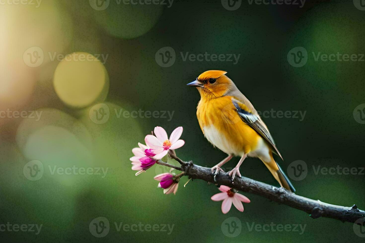 a bird sits on a branch with pink flowers. AI-Generated photo