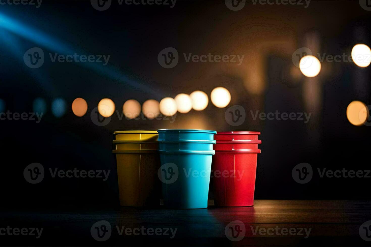 three colorful cups sit on a table in front of a bright light. AI-Generated photo