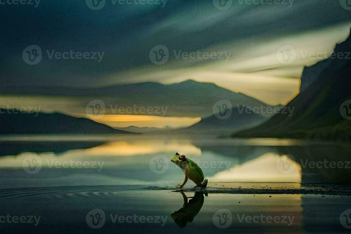 a frog standing on the edge of a lake at sunset. AI-Generated photo