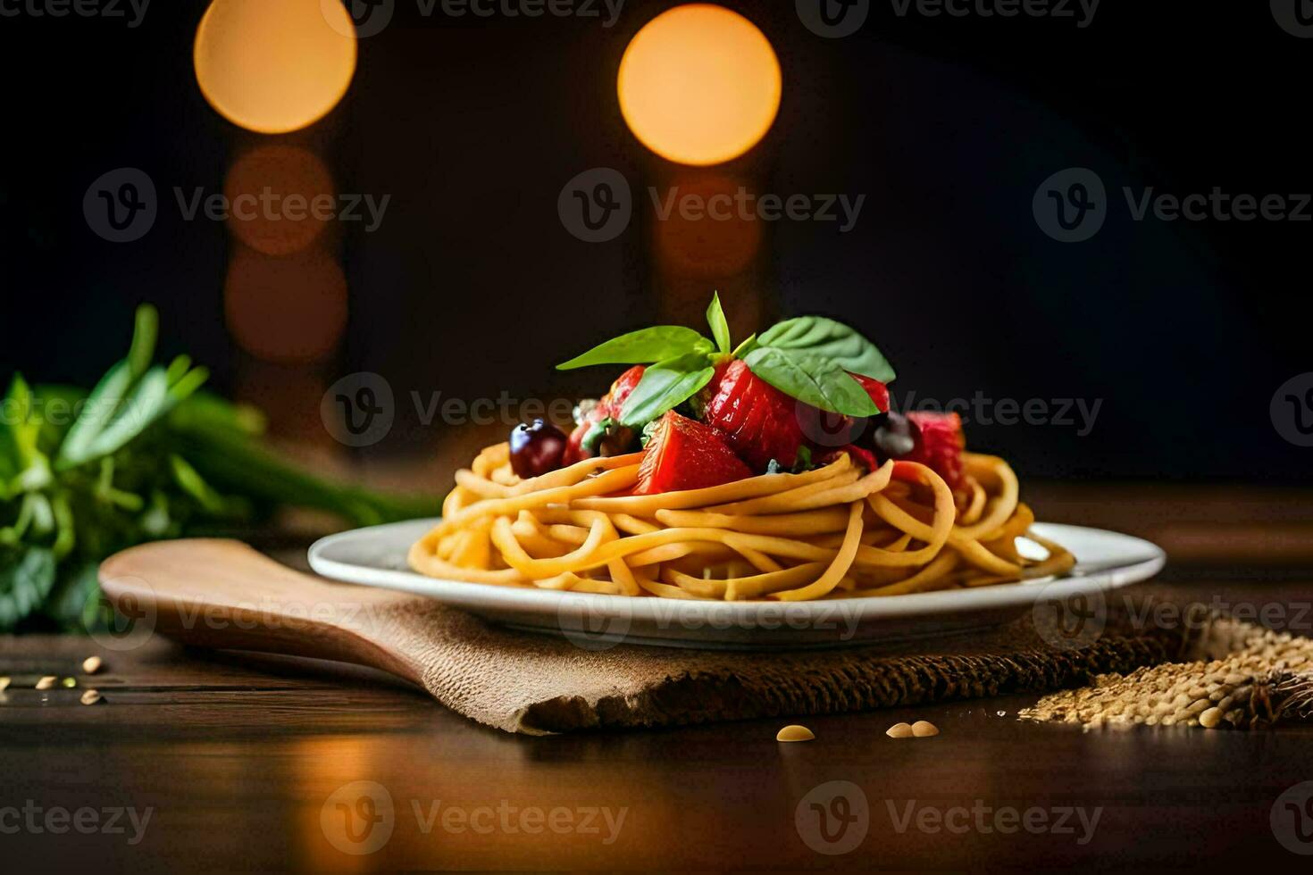 spaghetti with berries and basil on a plate. AI-Generated photo