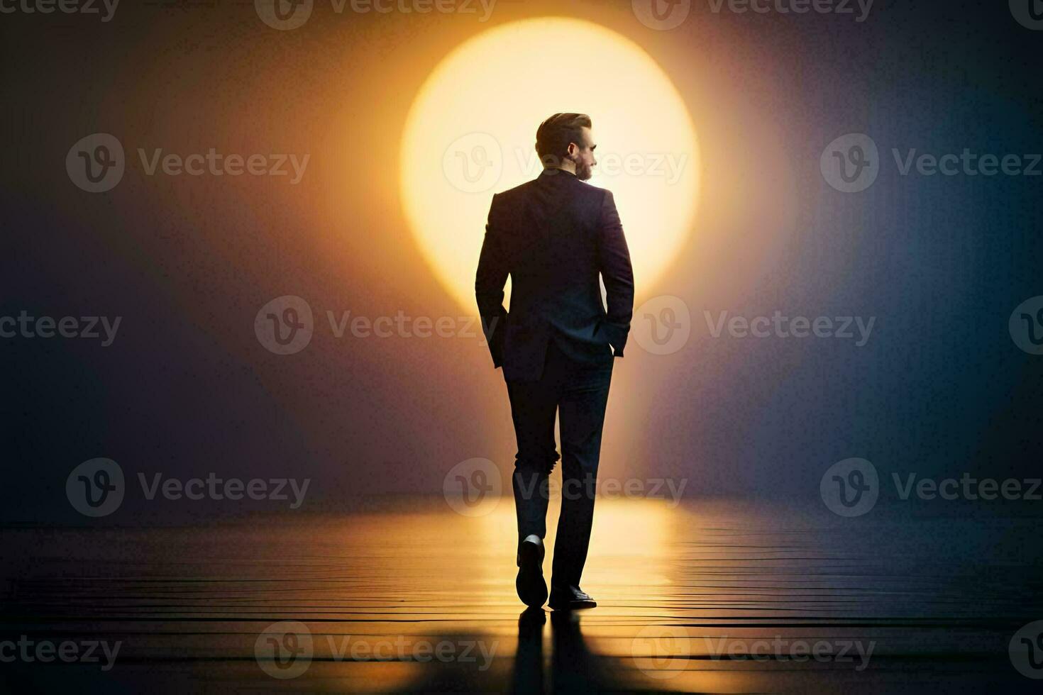 a man in a suit walking in front of a bright light. AI-Generated photo