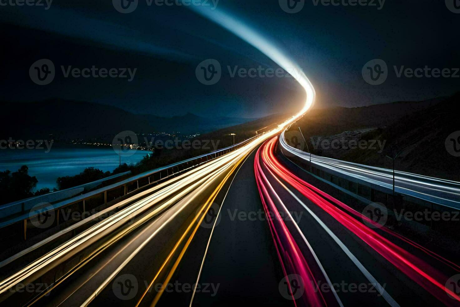 a long exposure photograph of a highway at night. AI-Generated photo