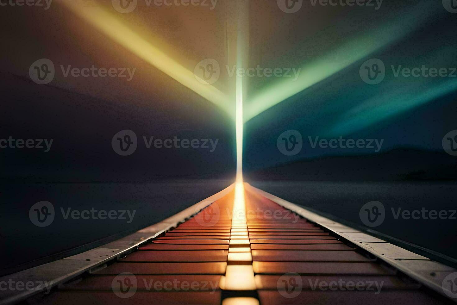 a long bridge with lights shining on it. AI-Generated photo