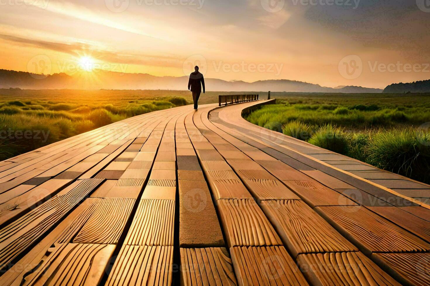 a man walking on a wooden boardwalk at sunset. AI-Generated photo