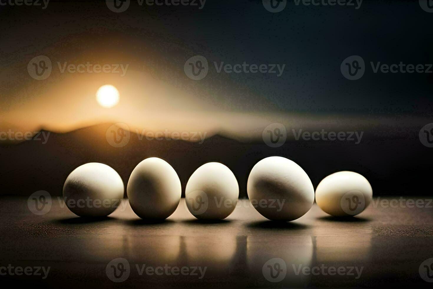 five eggs are lined up in front of a sunset. AI-Generated photo