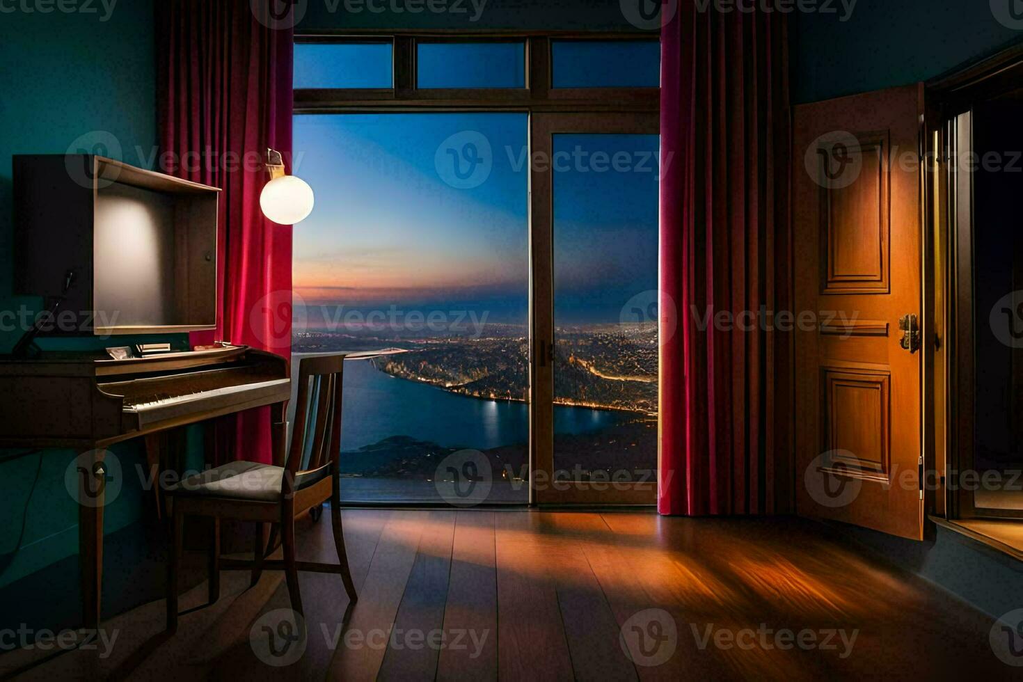 a piano and a window with a view of the city. AI-Generated photo