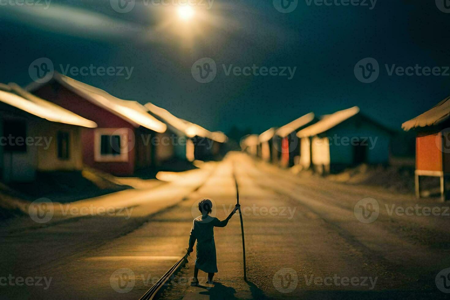 a boy walking down a road at night with a stick. AI-Generated photo