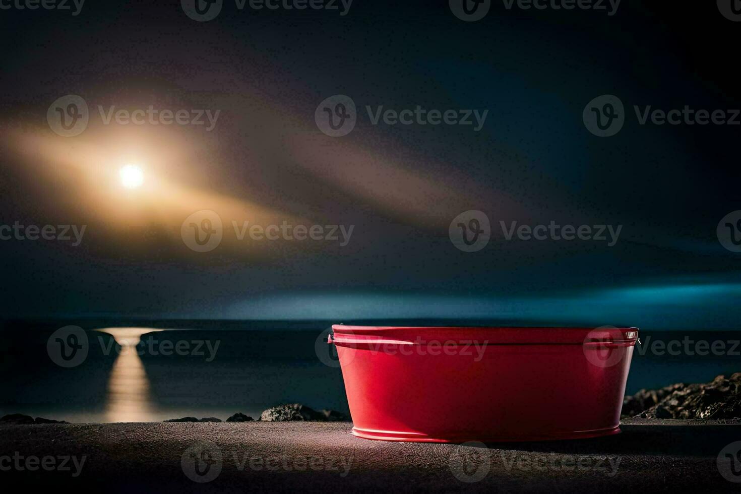 a red bucket sitting on the ground in front of the ocean. AI-Generated photo