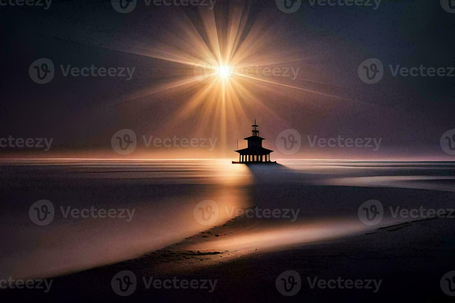 a lighthouse stands on the beach at night. AI-Generated photo