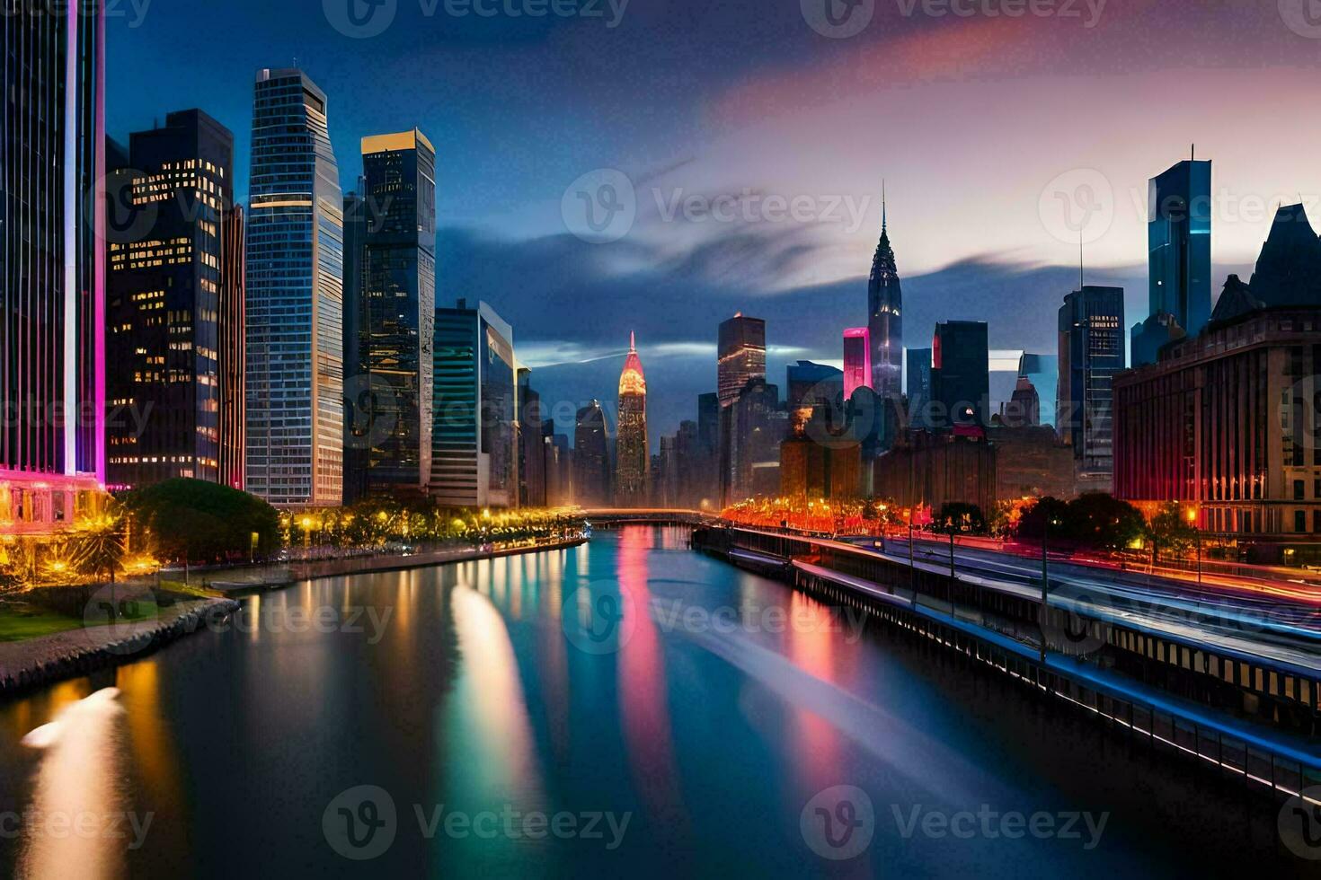 the chicago river at night. AI-Generated photo