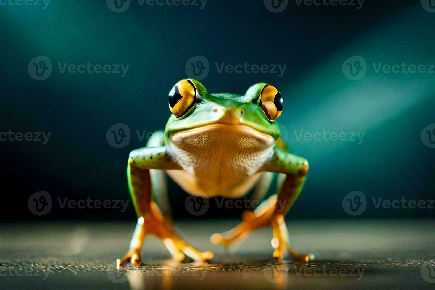 a frog with big eyes standing on a wooden floor. AI-Generated photo