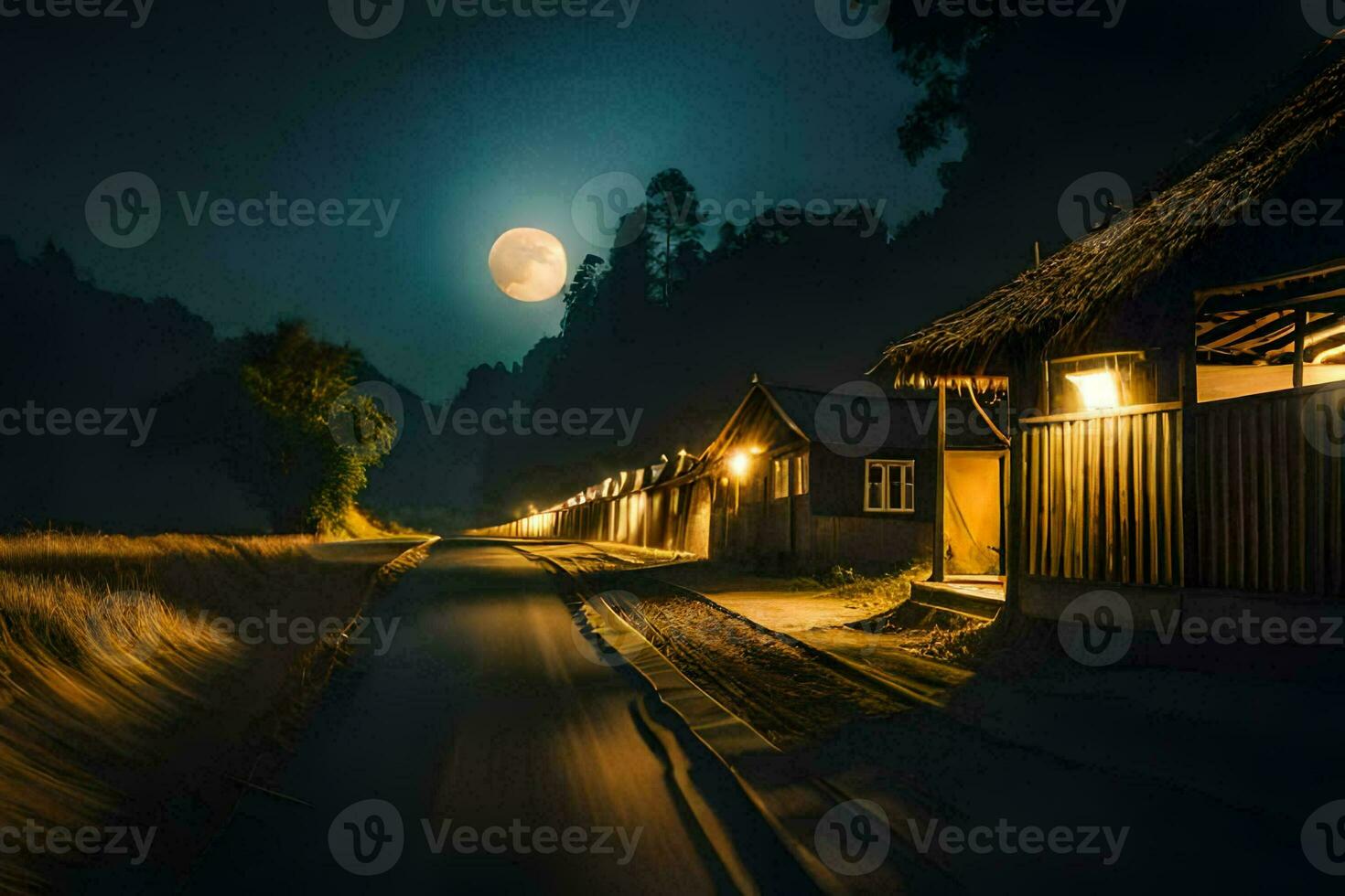 a road at night with a moon in the sky. AI-Generated photo