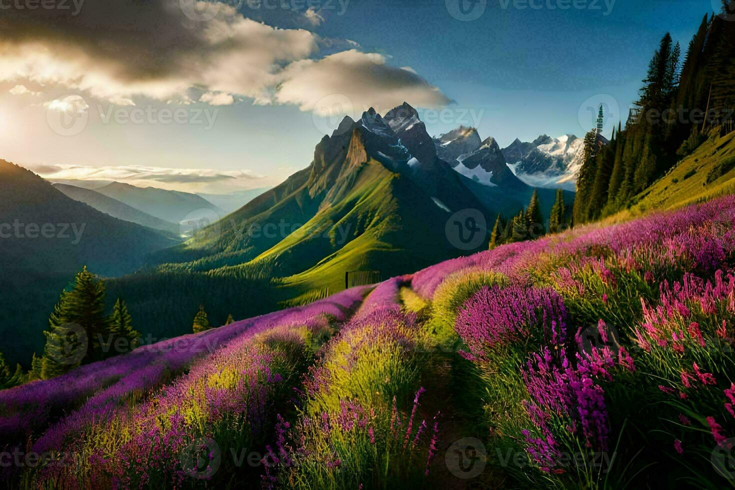 the sun rises over the mountains and lavender fields. AI-Generated photo