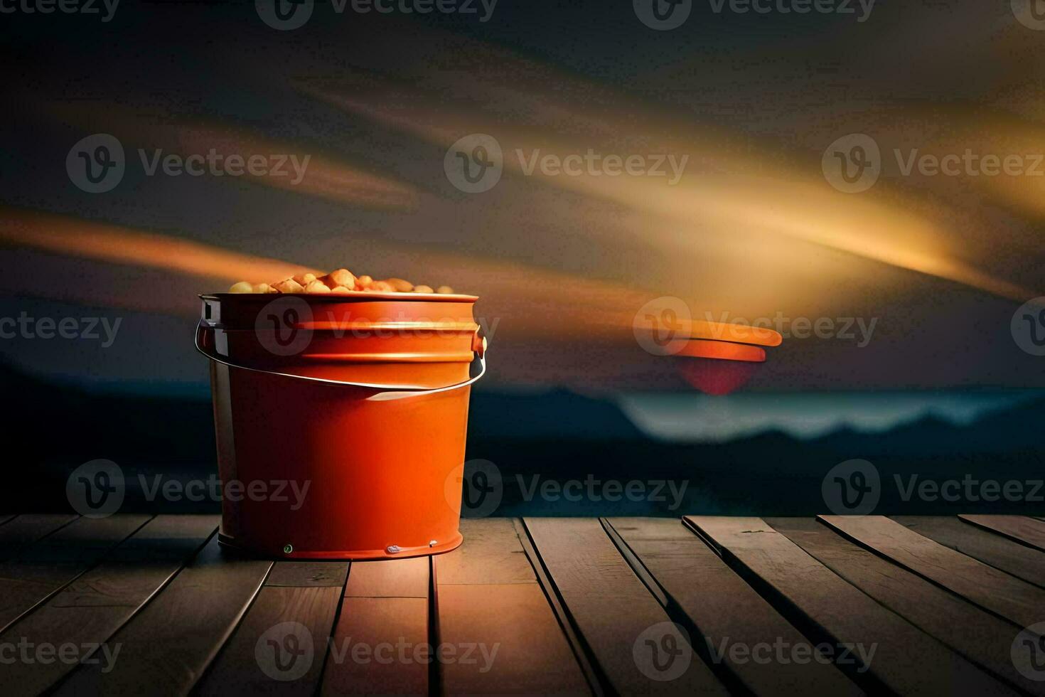 a bucket of oranges on a wooden deck. AI-Generated photo