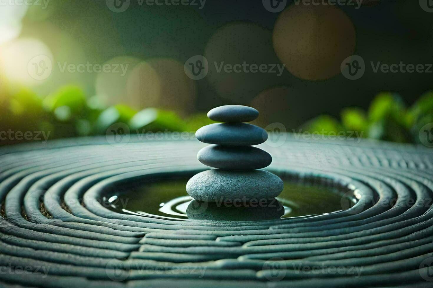 a stack of stones sitting on top of a water fountain. AI-Generated photo