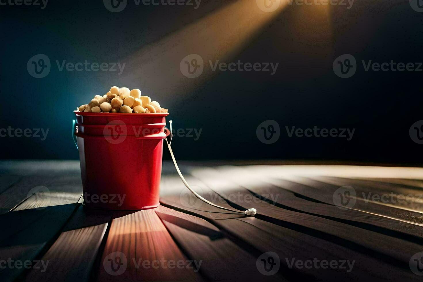a bucket of popcorn on a wooden table. AI-Generated photo