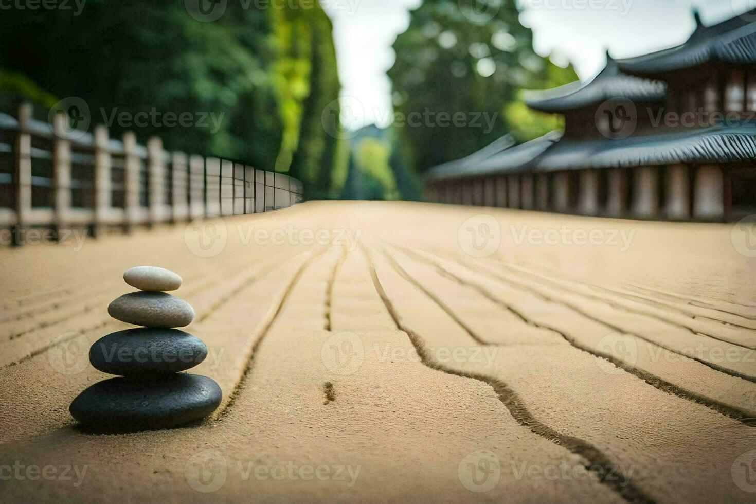 a stone stack sits on the ground in front of a building. AI-Generated photo