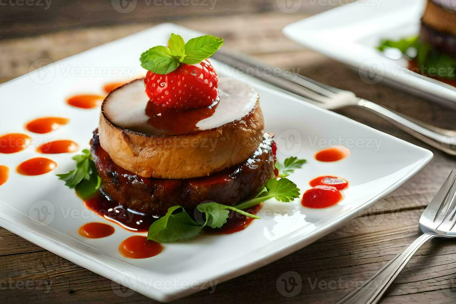 a plate with a dessert on it and a fork. AI-Generated photo