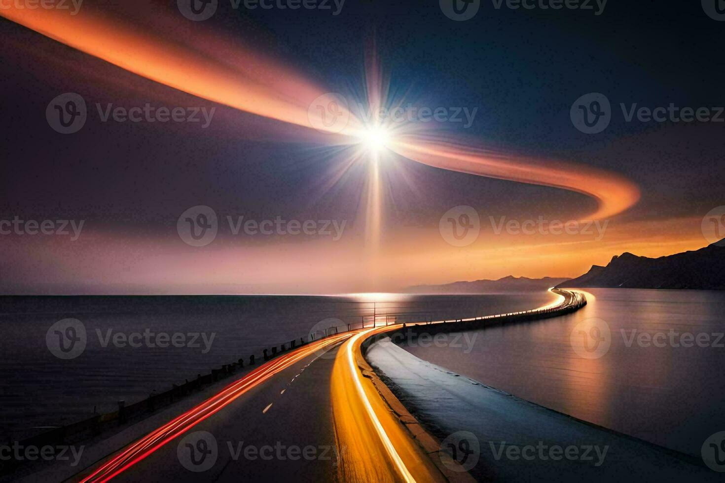 a long exposure photo of a road and a light trail. AI-Generated