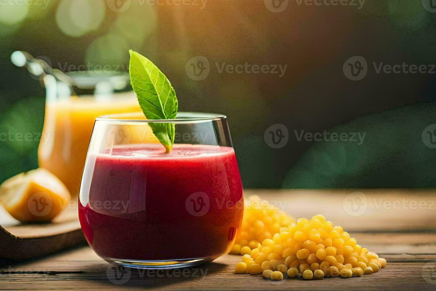 a glass of juice with a green leaf on top. AI-Generated photo
