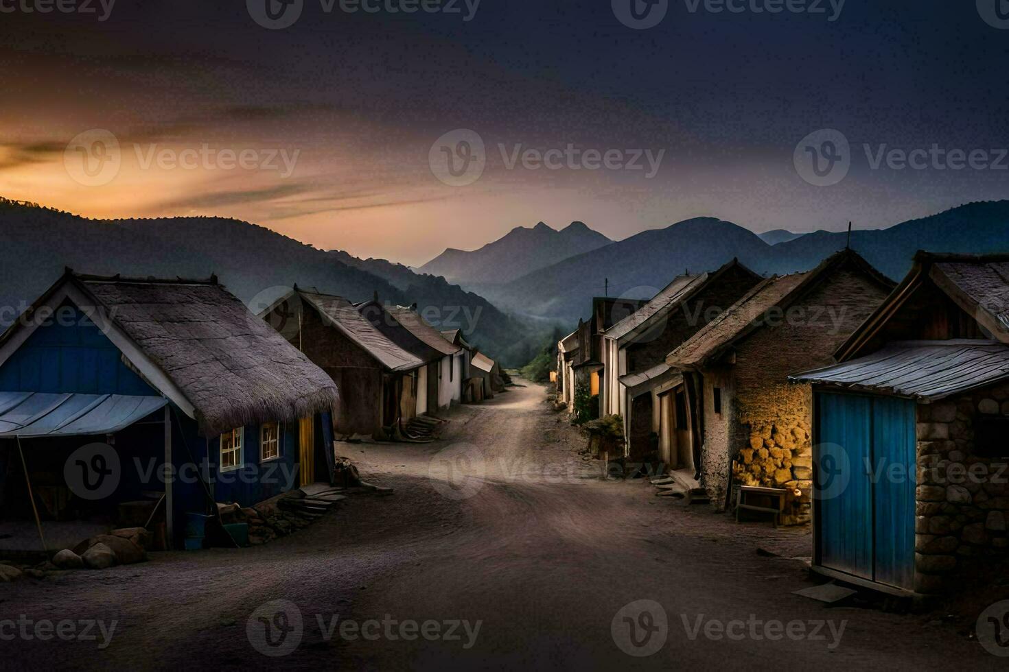 a village at sunset with houses and mountains in the background. AI-Generated photo