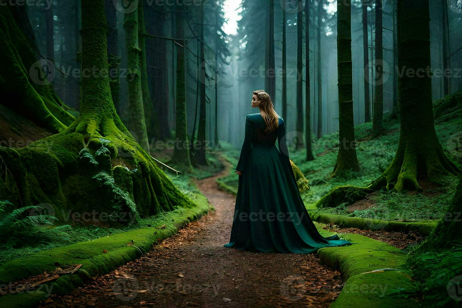 un mujer en un largo vestir en pie en el medio de un bosque. generado por ai foto